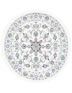Tappeto Nain Kashmar rotondo, Persia. Design floreale classico bianco e blu in lana e seta. Artigianale, di alta qualità.