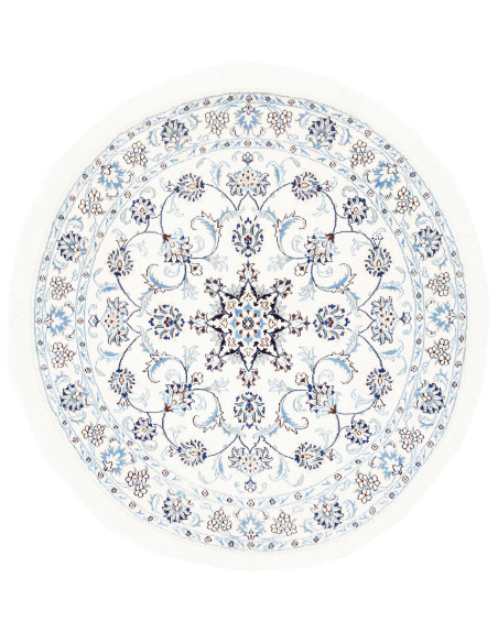 Discover the round Persian rug Nain Kashmar. Blue and white floral patterns, wool and silk. A masterpiece for your home.
