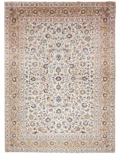 Hand-knotted Persian Kashan wool rug, ivory background with an all-over floral design. Elegance and tradition.