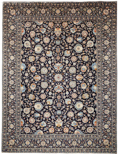 Persian Kashan wool rug with a magnificent all-over floral design on a navy blue background. Perfect for a touch of classic eleg