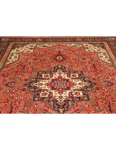 Tappeto Tabriz persiano con medaglione centrale. Colori terracotta e blu, lana cardata a mano.