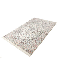 Persian Nain 9La rug, ivory and blue, wool and silk. Classic floral medallion design. 2