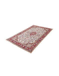 Prezioso tappeto Sarough persiano, con medaglione centrale e disegno floreale su fondo crema e bordura rossa. Lana cardata a man 2