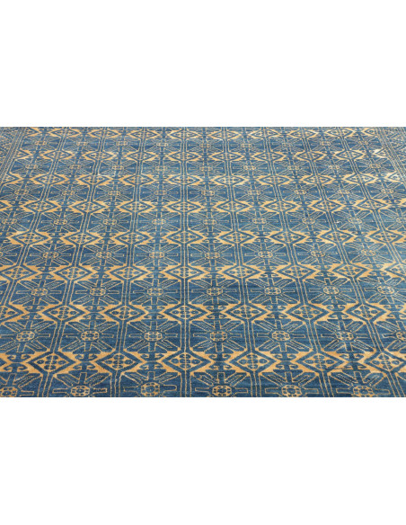 Tappeto Gabbeh Fine persiano blu e oro, in lana cardata a mano. Scopri l'eleganza tribale e la qualità artigianale per la tua ca