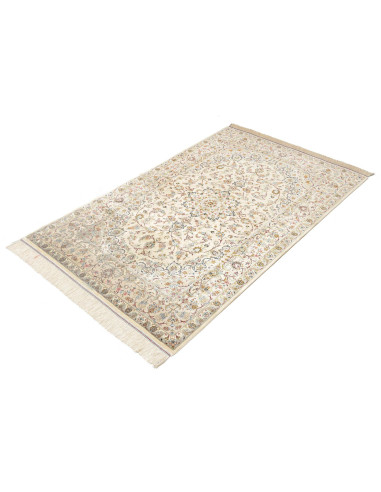 Tappeto Ghom seta persiano, 100% seta. Design floreale con medaglione centrale e colori crema, celeste, rosa. Alta densità di no