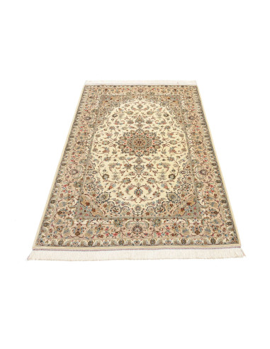 Tappeto Ghom seta persiano, 100% seta. Design floreale con medaglione centrale e colori crema, celeste, rosa. Alta densità di no