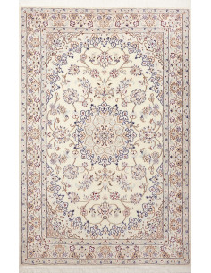 Buy the Persian Nain 9La wool and silk rug. Elegant floral design and central medallion. Cream, blue, beige colors.