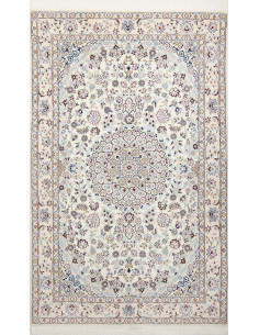 Persian Nain 9La rug ivory, blue and brown. Floral medallion design, hand-knotted in wool and silk.