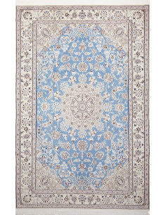 Buy Persian Nain 9La wool and silk rug. Light blue and cream floral medallion design. Origin Persia.