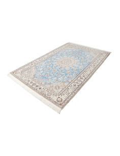 Buy Persian Nain 9La wool and silk rug. Light blue and cream floral medallion design. Origin Persia. 2