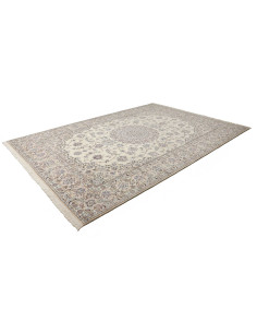 Persian Nain 9La hand-knotted rug in wool and silk. Central medallion, floral motifs, cream, blue, brown colors. High density, c 2