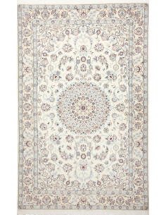 Tappeto Nain 9La originale persiano in lana e seta. Design classico con medaglione floreale, colori crema, azzurro e bordeaux. F